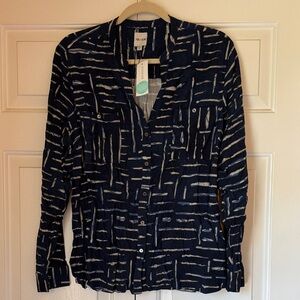 NIC+ZOE Dark Blue and Cream Striped Blouse